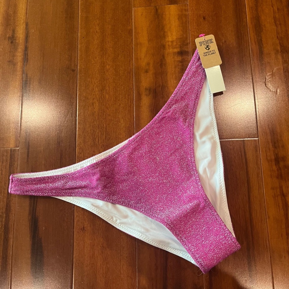 VS Pink Bikini‎ Bottom Fuschia Pink Metallic Shimmer High Leg Swim New Sz Medium